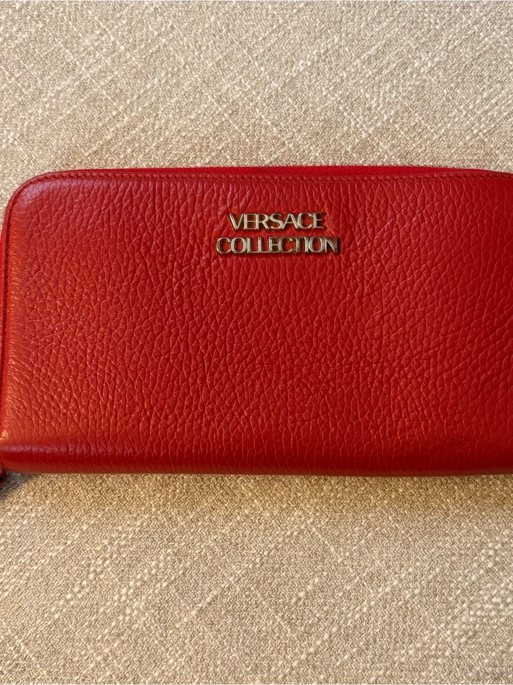 Versace Collection Red Pebbled Leather Zip Around Continental Wallet